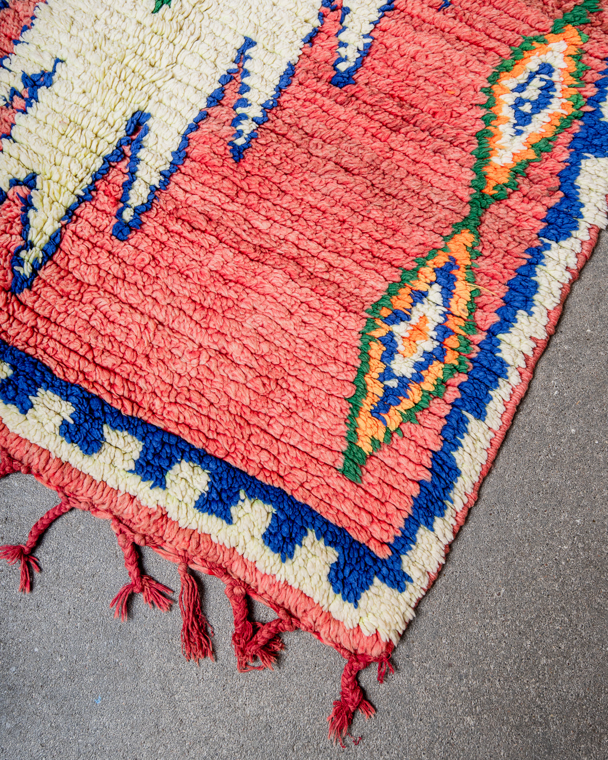Modern, designer, handcrafted Berber runner rug from Morocco. Vintage carpet with beautiful colours and patterns and fluffy texture.