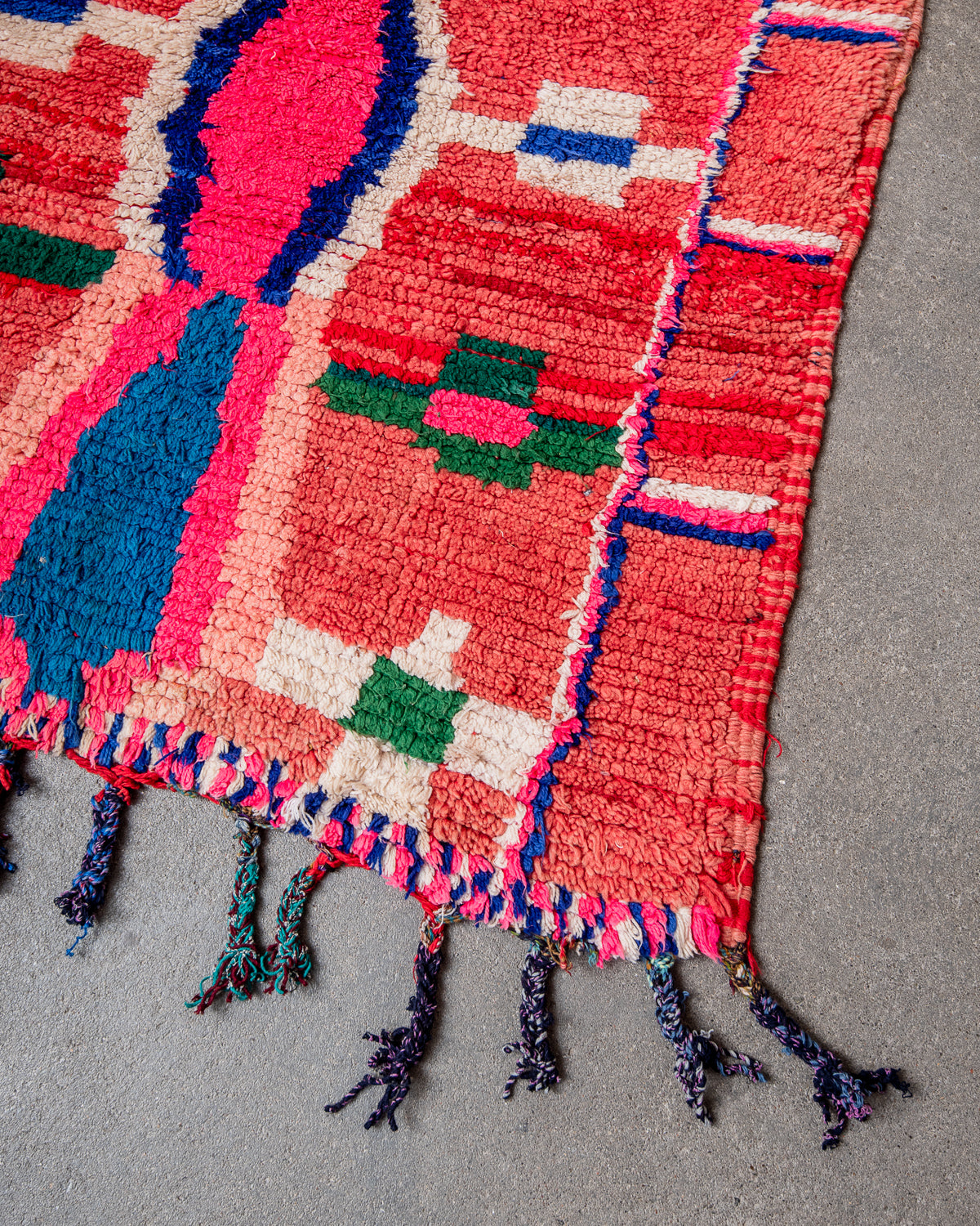 Modern, designer, handcrafted Berber runner rug from Morocco. Vintage carpet with beautiful colours and patterns and fluffy texture.