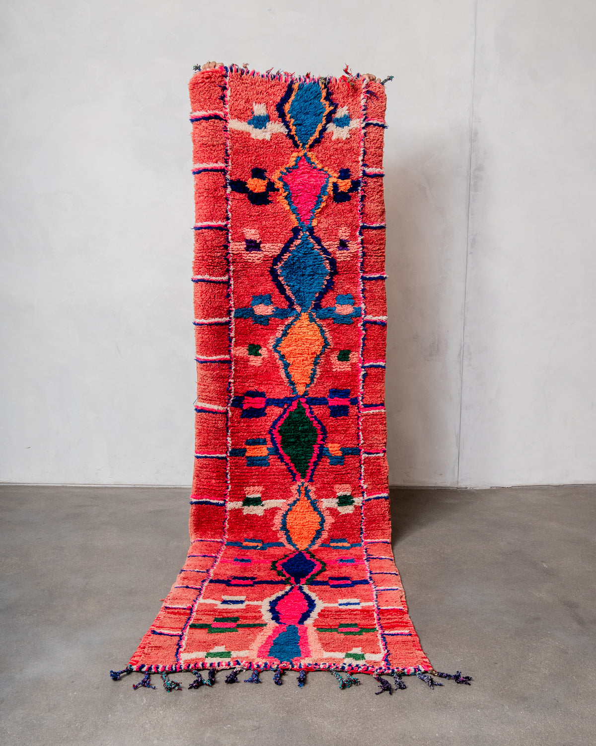 Modern, designer, handcrafted Berber runner rug from Morocco. Vintage carpet with beautiful colours and patterns and fluffy texture.