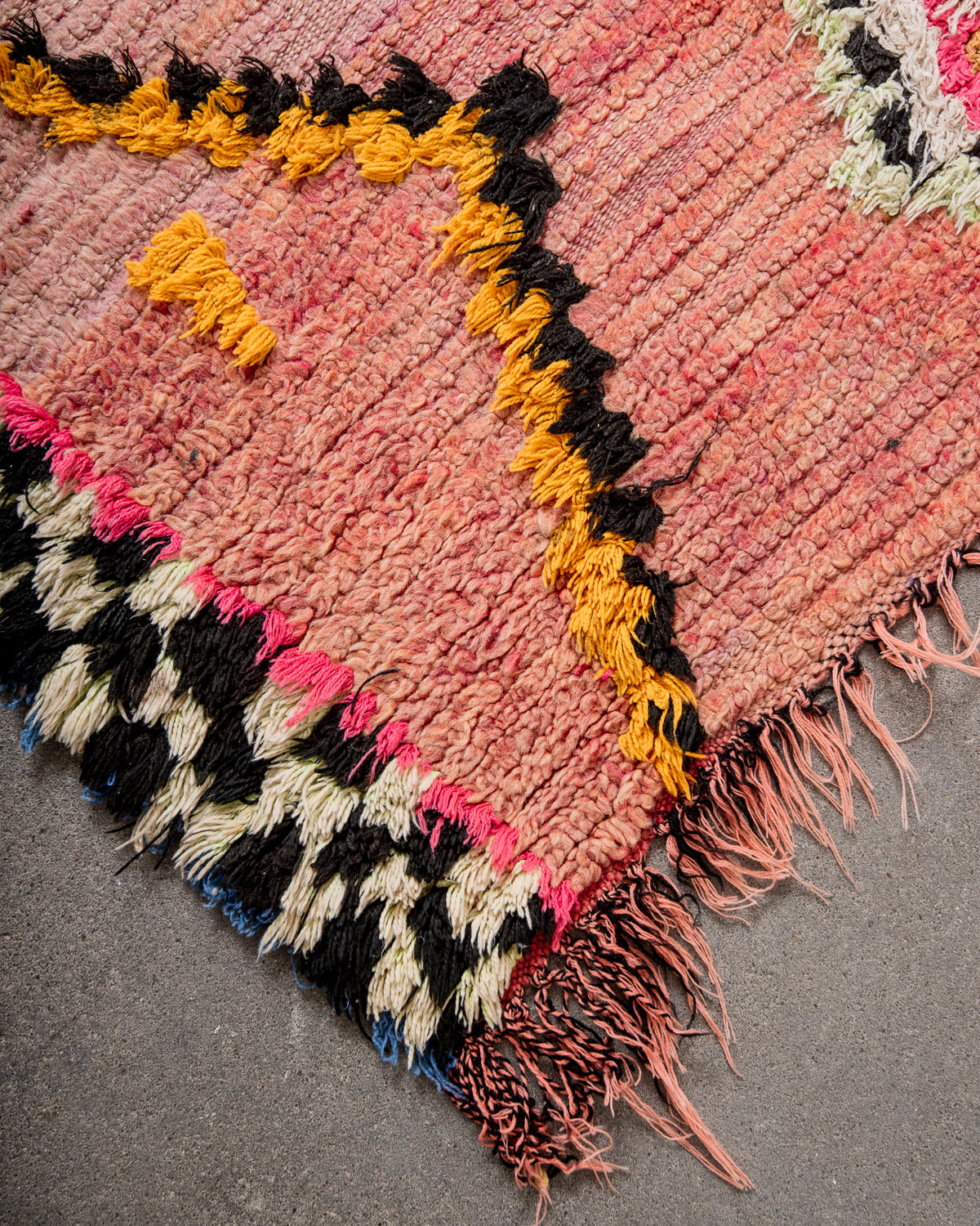 Modern, designer, handcrafted Berber runner rug from Morocco. Vintage carpet with beautiful colours and patterns and fluffy texture.