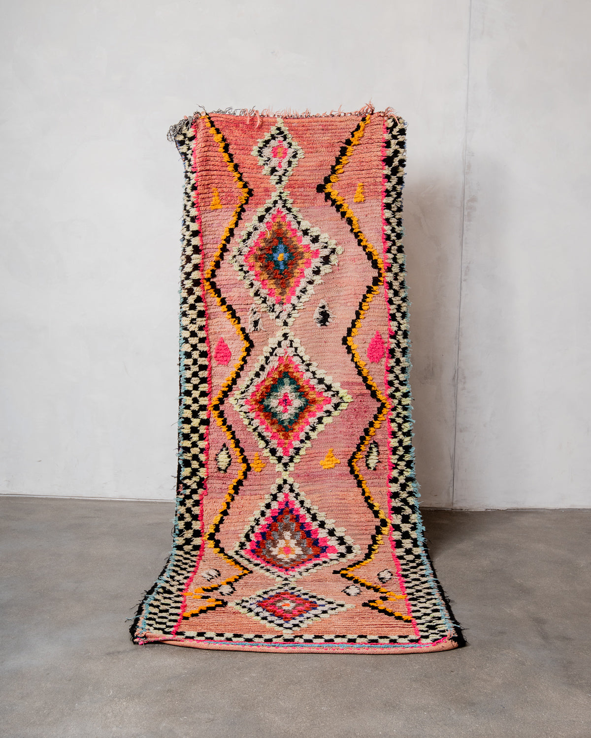 Modern, designer, handcrafted Berber runner rug from Morocco. Vintage carpet with beautiful colours and patterns and fluffy texture.