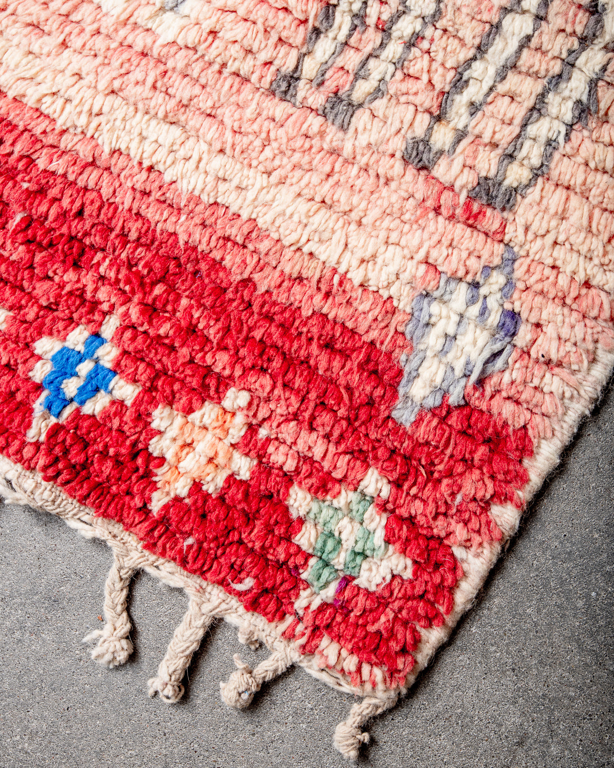 Modern, designer, handcrafted Berber runner rug from Morocco. Vintage carpet with beautiful colours and patterns and fluffy texture.