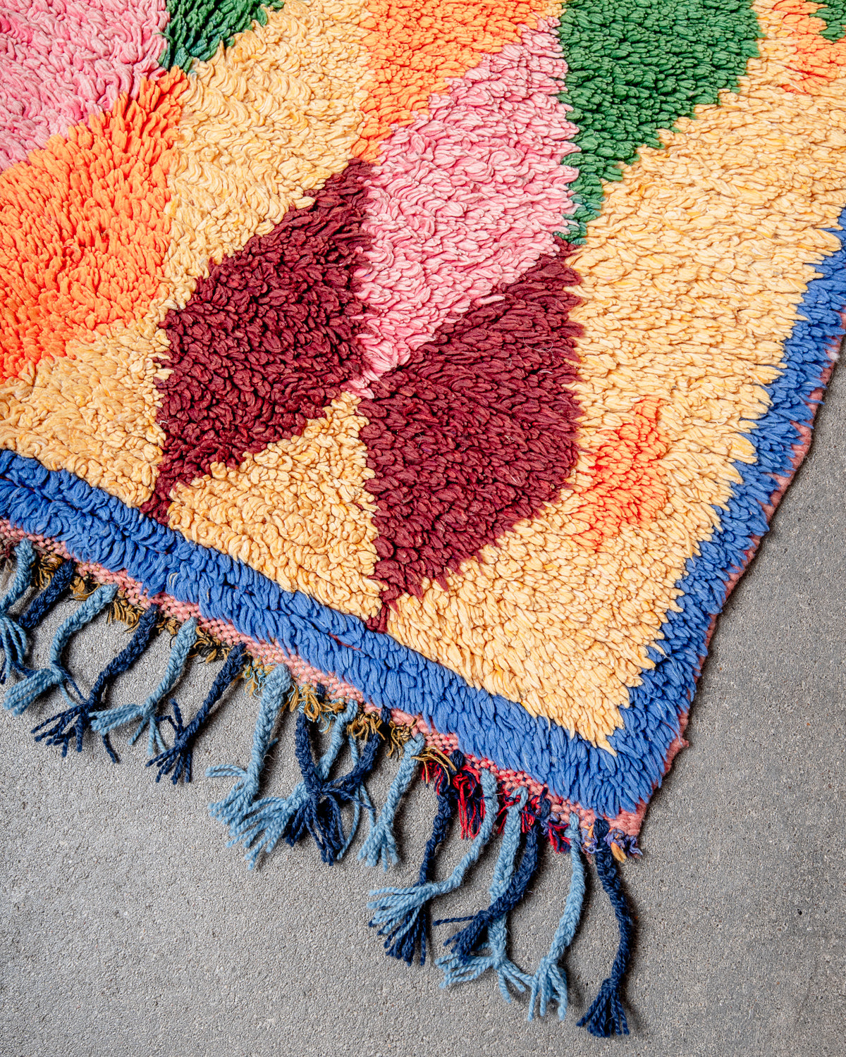Modern, designer, handcrafted Berber runner rug from Morocco. Vintage carpet with beautiful colours and patterns and fluffy texture.