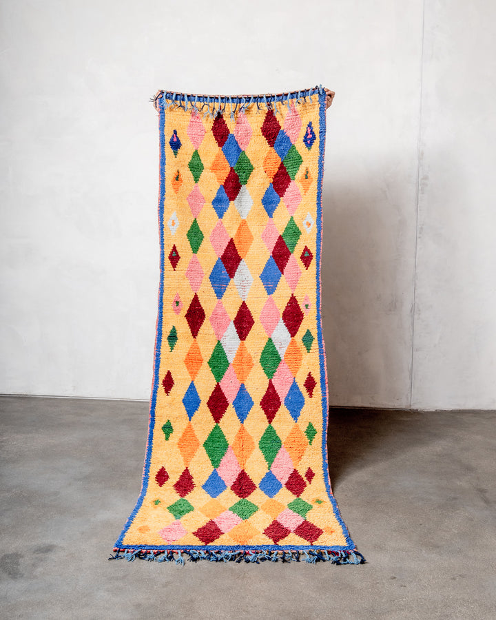 Modern, designer, handcrafted Berber runner rug from Morocco. Vintage carpet with beautiful colours and patterns and fluffy texture.