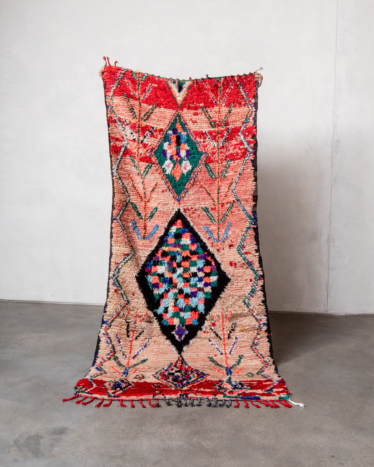 Modern, designer, handcrafted Berber runner rug from Morocco. Vintage carpet with beautiful colours and patterns and fluffy texture.