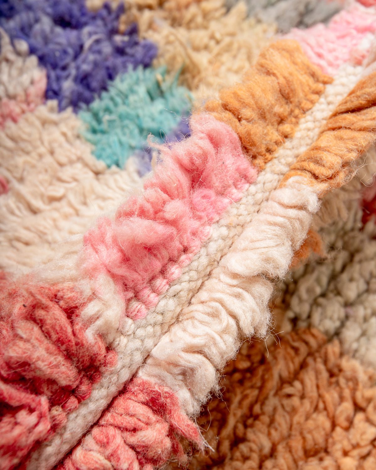 Modern, designer, handcrafted Berber runner rug from Morocco. Vintage carpet with beautiful colours and patterns and fluffy texture.