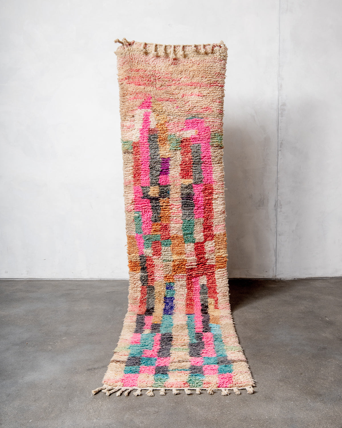 Modern, designer, handcrafted Berber runner rug from Morocco. Vintage carpet with beautiful colours and patterns and fluffy texture.