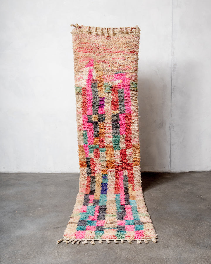 Modern, designer, handcrafted Berber runner rug from Morocco. Vintage carpet with beautiful colours and patterns and fluffy texture.