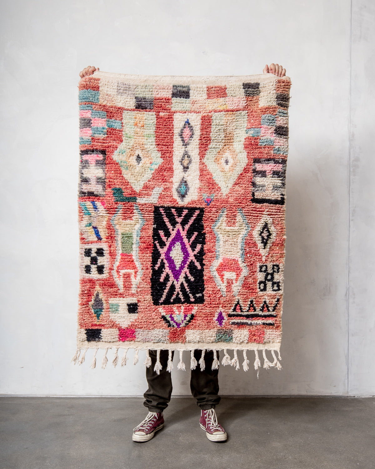 Modern, designer, handcrafted Berber rug from Morocco. Vintage carpet with beautiful colours and patterns and fluffy texture.