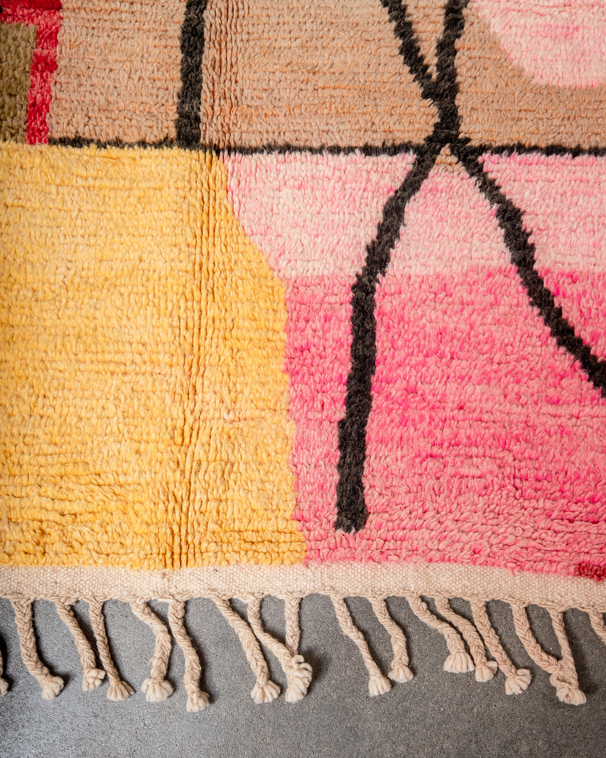Modern, designer, handcrafted Berber rug from Morocco. Vintage carpet with beautiful colours and patterns and fluffy texture.