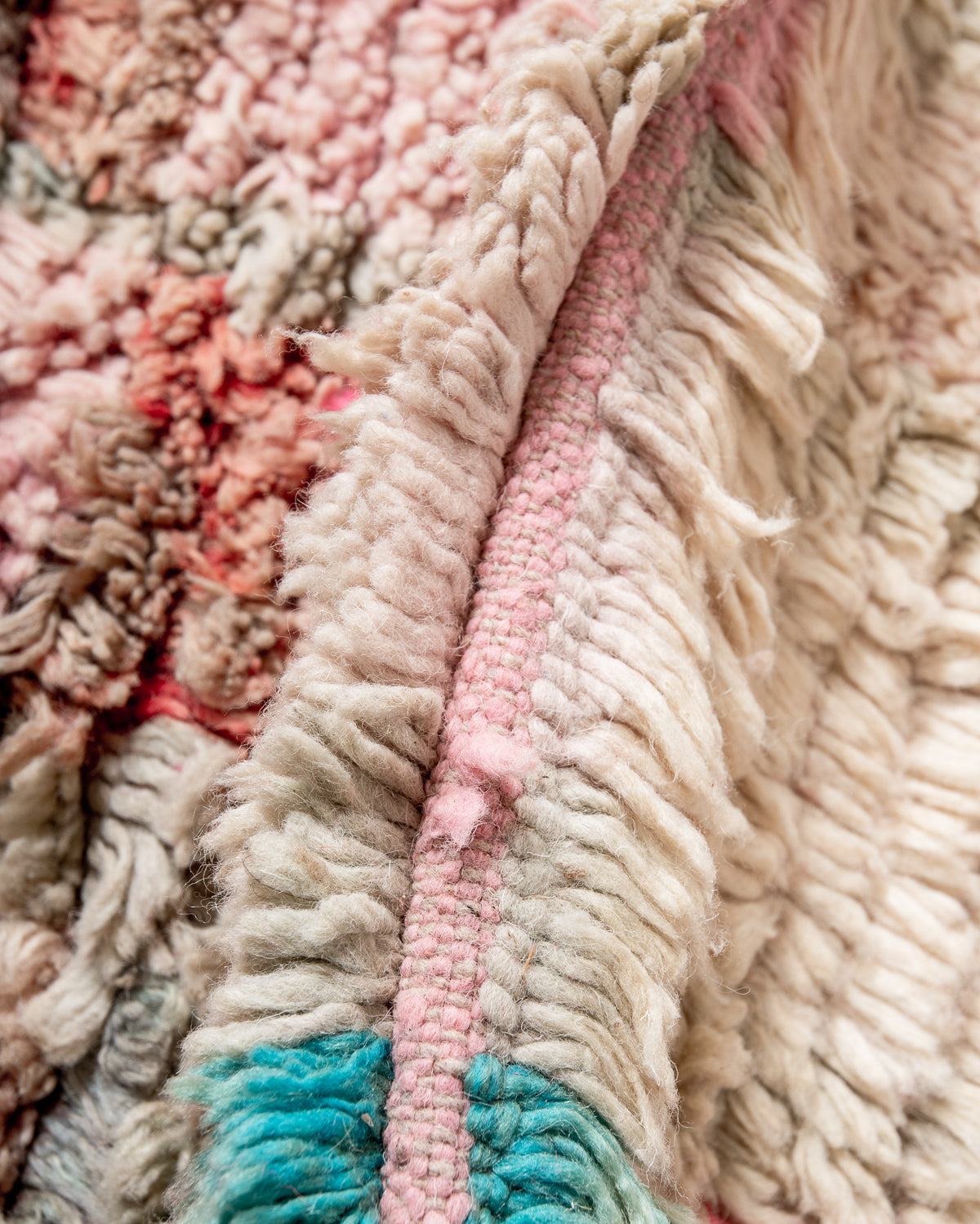 Modern, designer, handcrafted Berber rug from Morocco. Vintage carpet with beautiful colours and patterns and fluffy texture.