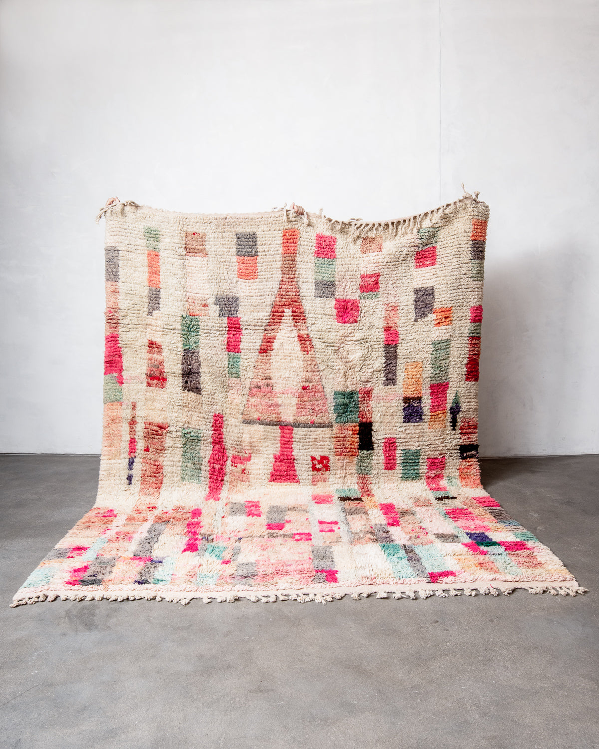 Modern, designer, handcrafted Berber rug from Morocco. Vintage carpet with beautiful colours and patterns and fluffy texture.