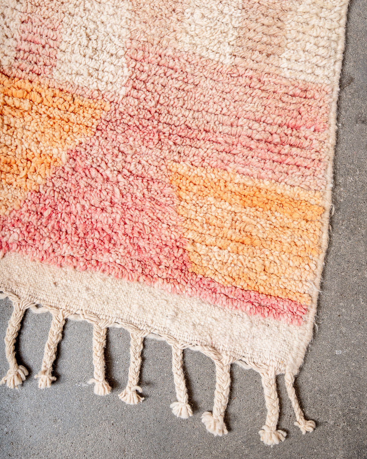 Modern, designer, handcrafted Berber rug from Morocco. Vintage carpet with beautiful colours and patterns and fluffy texture.