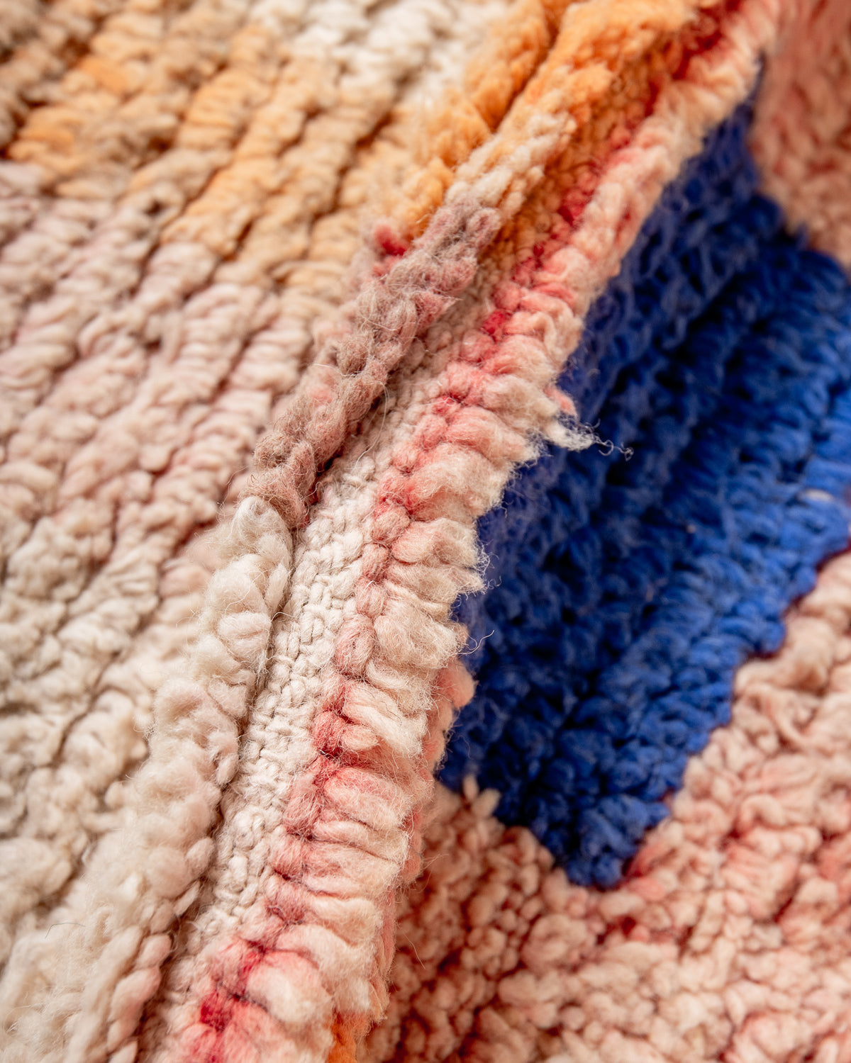 Modern, designer, handcrafted Berber rug from Morocco. Vintage carpet with beautiful colours and patterns and fluffy texture.