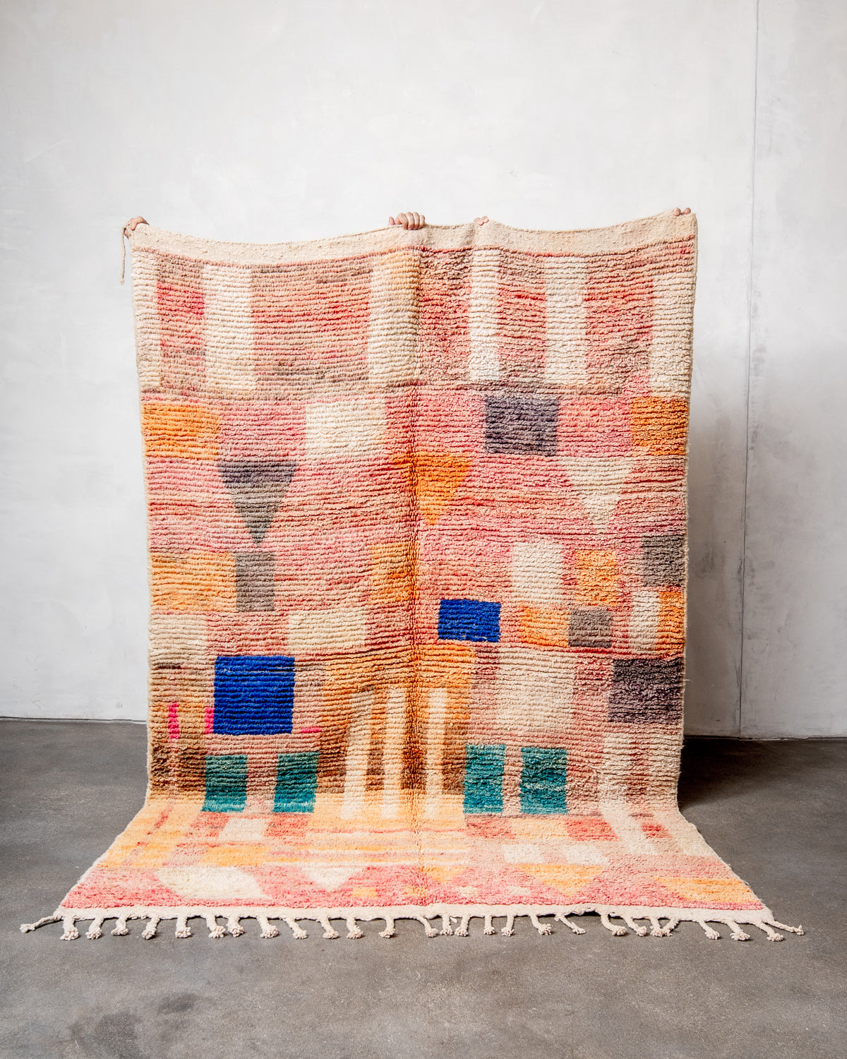 Modern, designer, handcrafted Berber rug from Morocco. Vintage carpet with beautiful colours and patterns and fluffy texture.