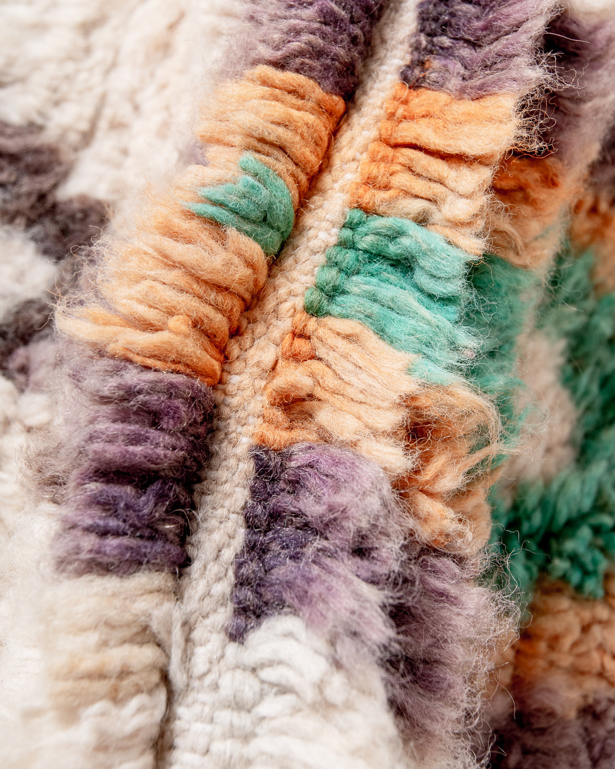 Modern, designer, handcrafted Berber rug from Morocco. Vintage carpet with beautiful colours and patterns and fluffy texture.