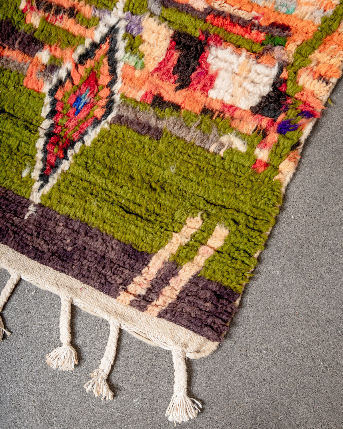 Modern, designer, handcrafted Berber rug from Morocco. Vintage carpet with beautiful colours and patterns and fluffy texture.