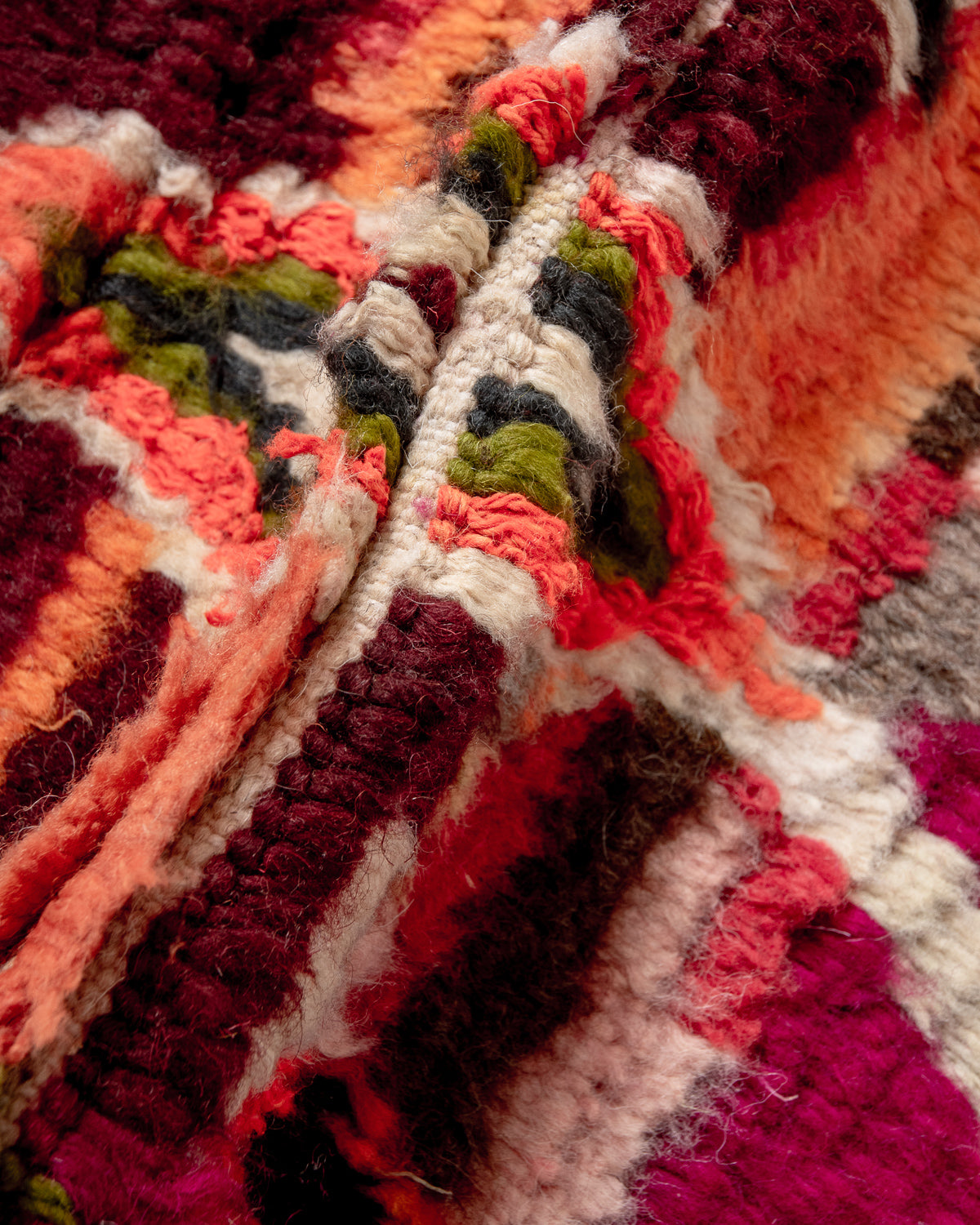 Modern, designer, handcrafted Berber rug from Morocco. Vintage carpet with beautiful colours and patterns and fluffy texture.