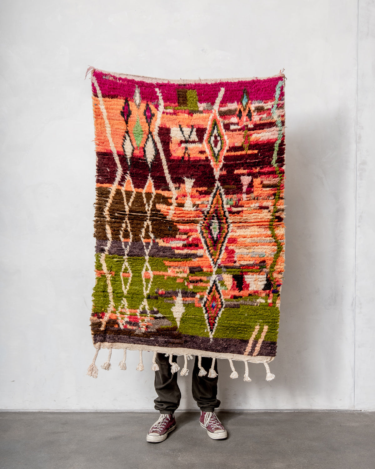 Modern, designer, handcrafted Berber rug from Morocco. Vintage carpet with beautiful colours and patterns and fluffy texture.