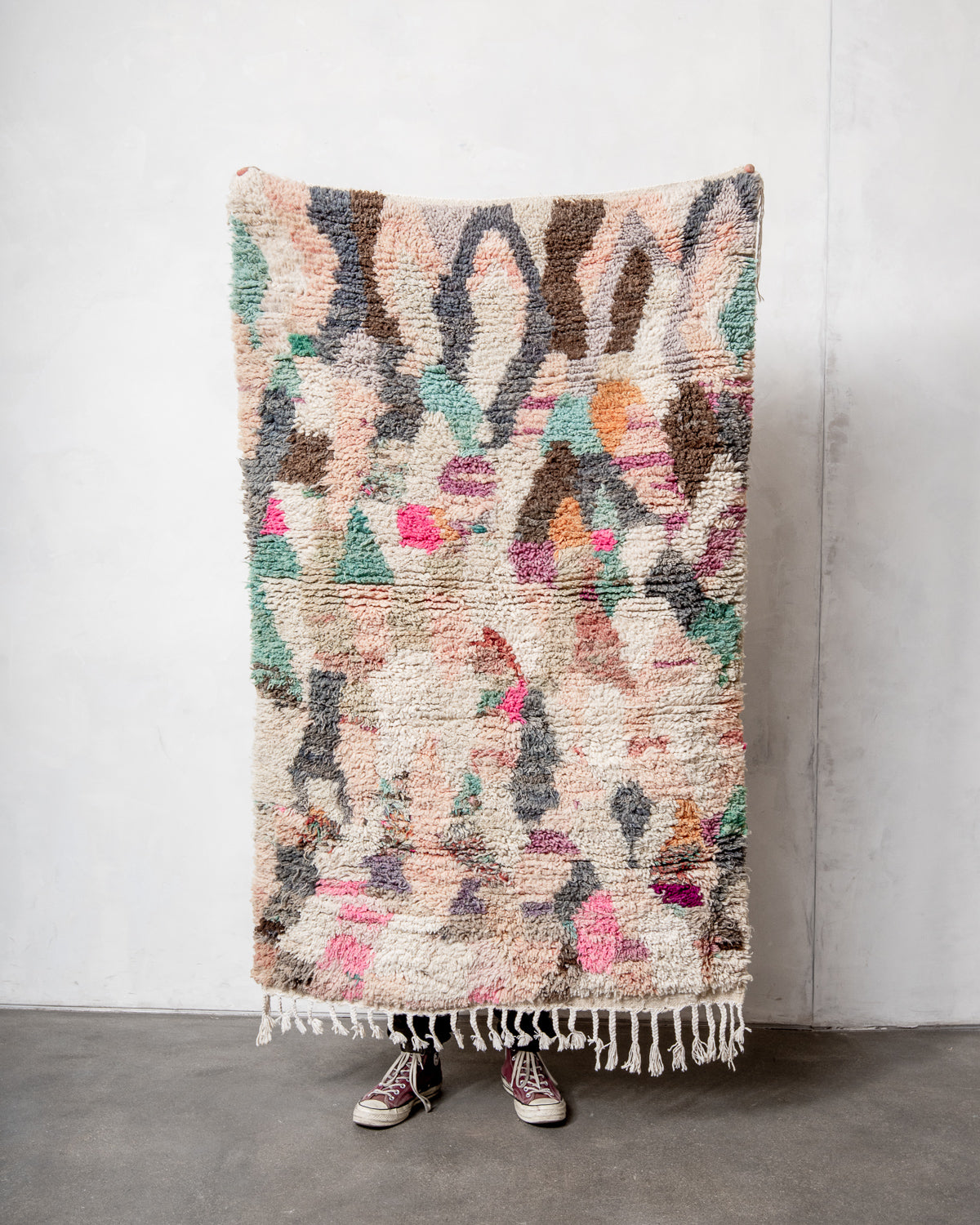 Modern, designer, handcrafted Berber rug from Morocco. Vintage carpet with beautiful colours and patterns and fluffy texture.