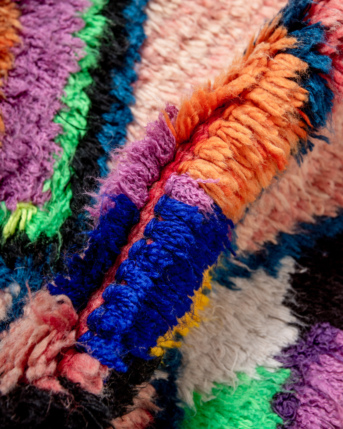 Modern, designer, handcrafted Berber runner rug from Morocco. Vintage carpet with beautiful colours and patterns and fluffy texture.