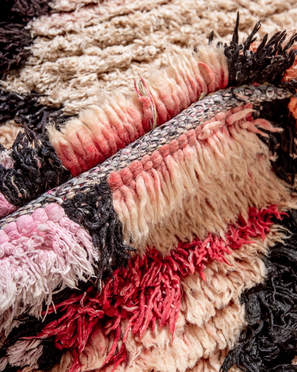 Modern, designer, handcrafted Berber runner rug from Morocco. Vintage carpet with beautiful colours and patterns and fluffy texture.