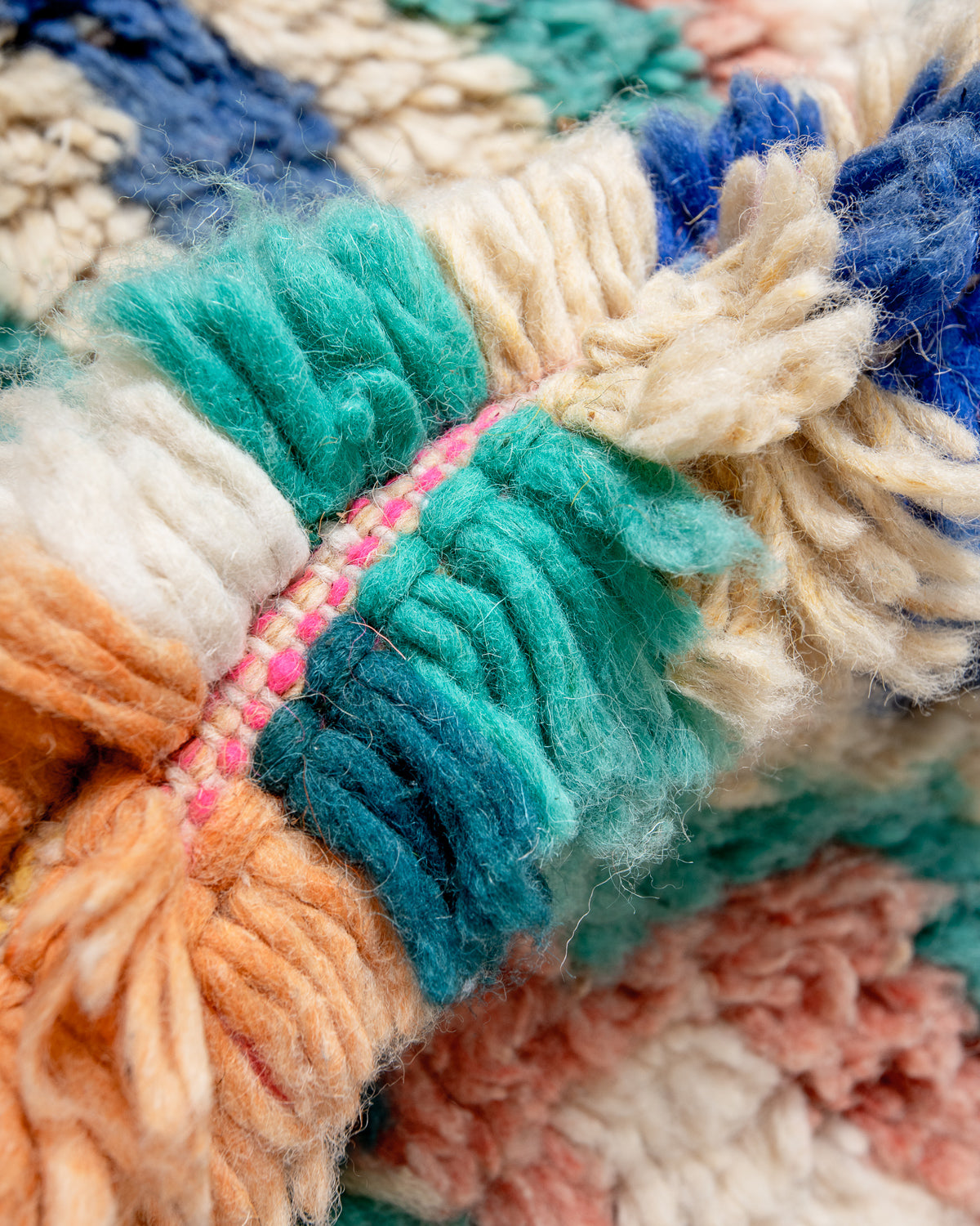 Modern, designer, handcrafted Berber runner rug from Morocco. Vintage carpet with beautiful colours and patterns and fluffy texture.