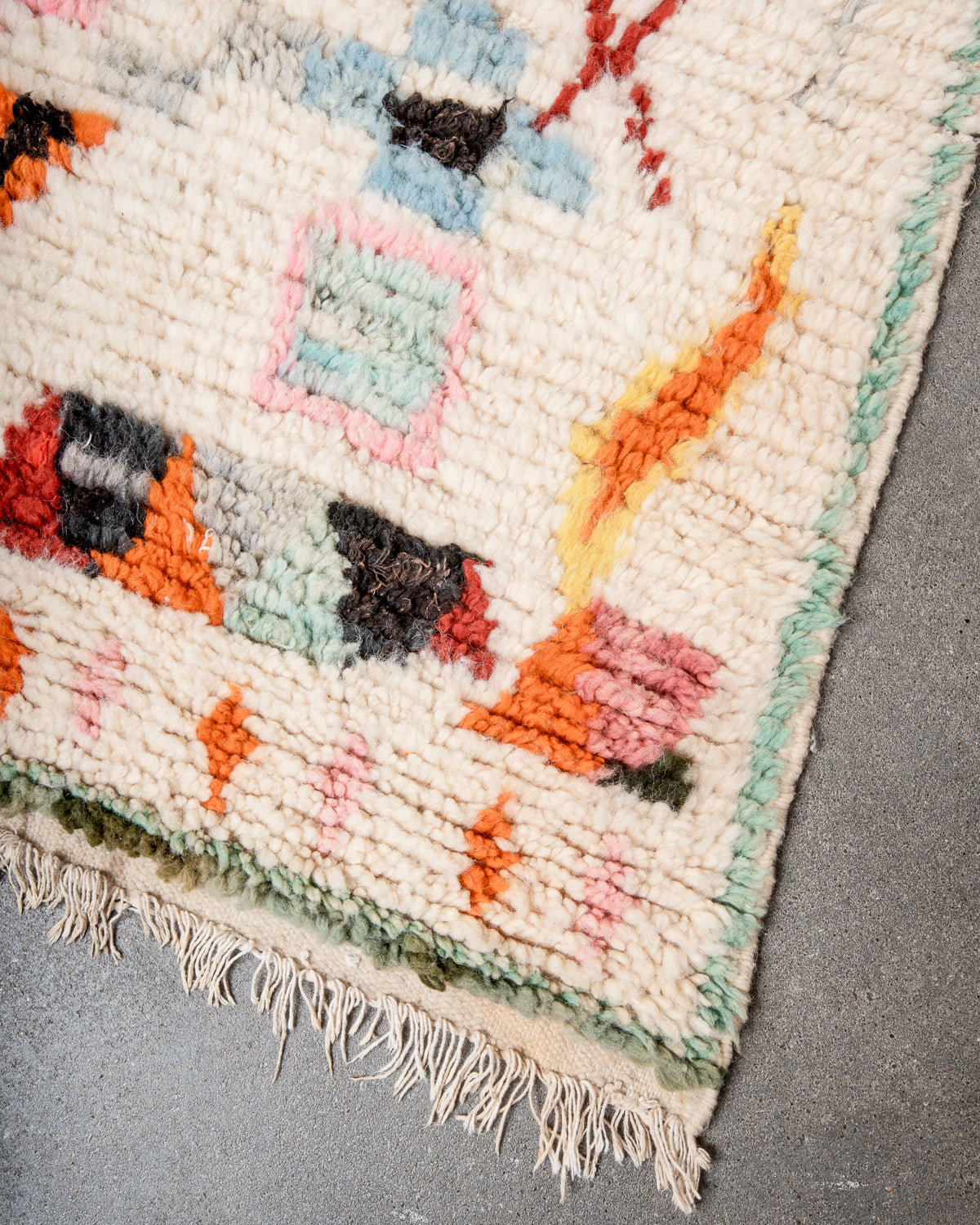 Modern, designer, handcrafted Berber runner rug from Morocco. Vintage carpet with beautiful colours and patterns and fluffy texture.