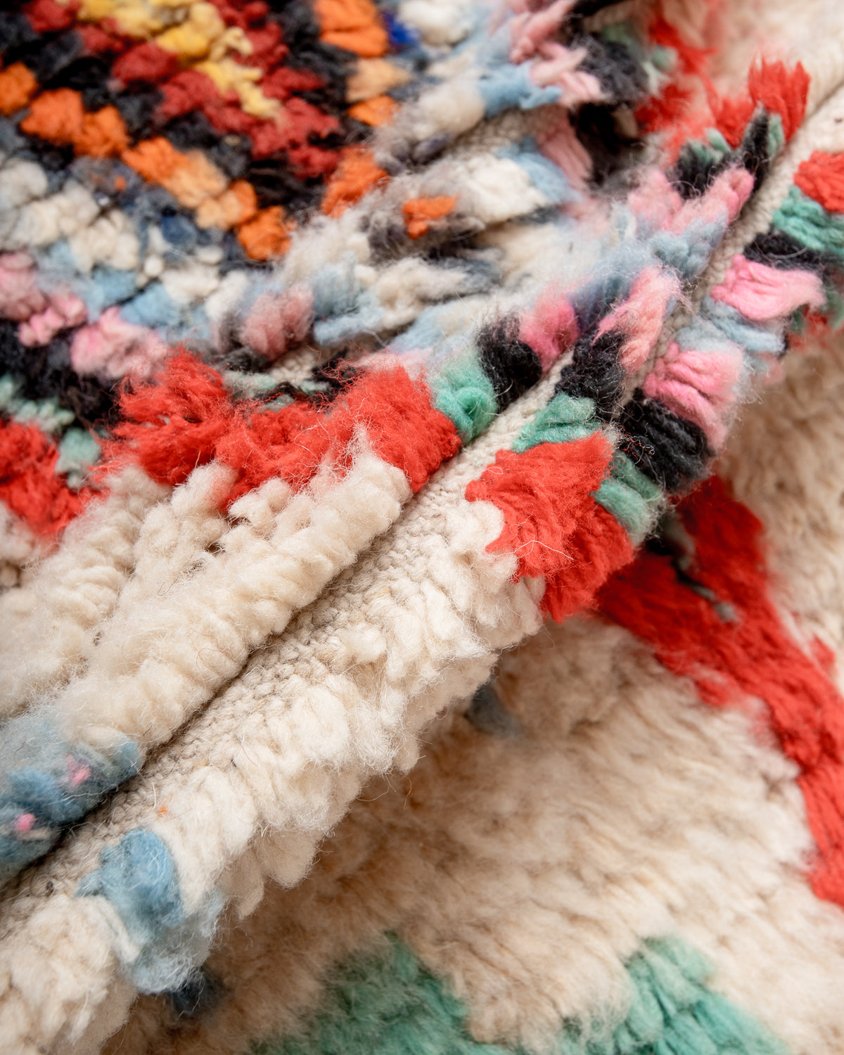 Modern, designer, handcrafted Berber runner rug from Morocco. Vintage carpet with beautiful colours and patterns and fluffy texture.