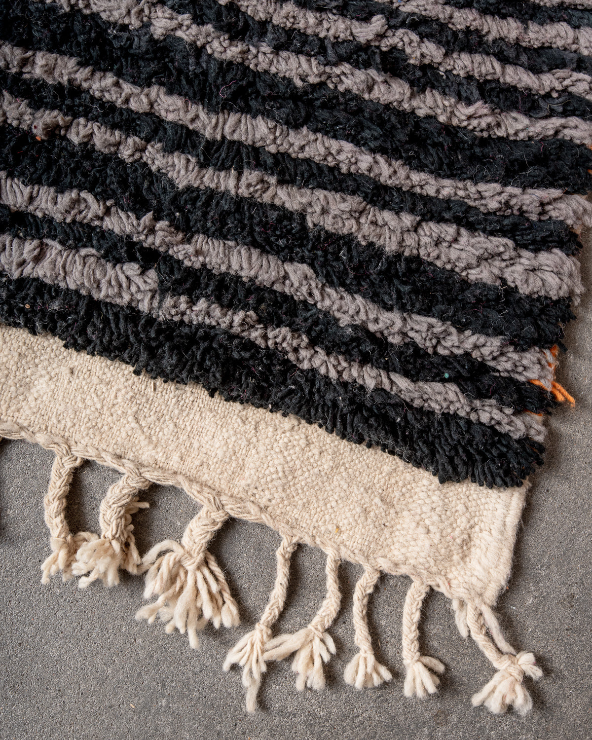 Modern, designer, handcrafted Berber rug from Morocco. Vintage carpet with beautiful colours and patterns and fluffy texture.