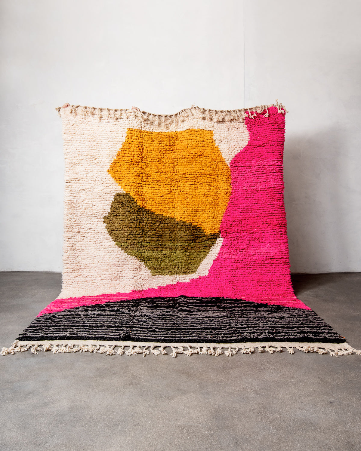 Modern, designer, handcrafted Berber rug from Morocco. Vintage carpet with beautiful colours and patterns and fluffy texture.