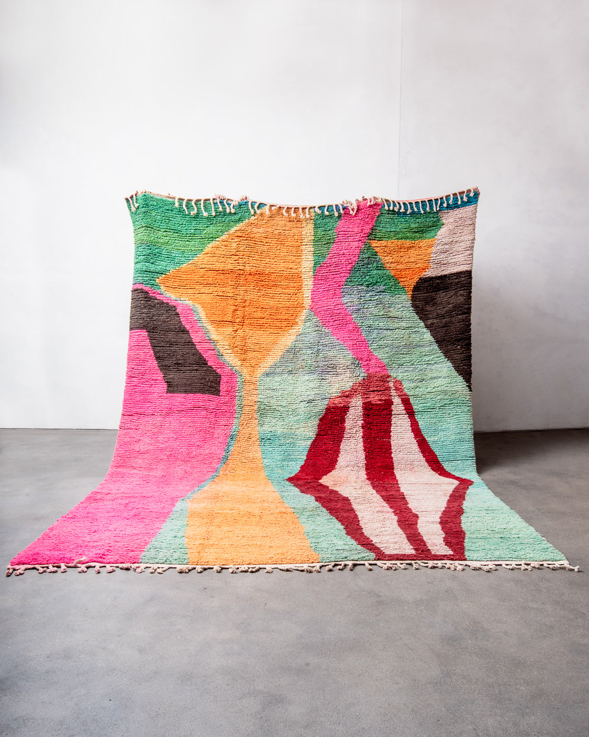 Modern, designer, handcrafted Berber rug from Morocco. Vintage carpet with beautiful colours and patterns and fluffy texture.