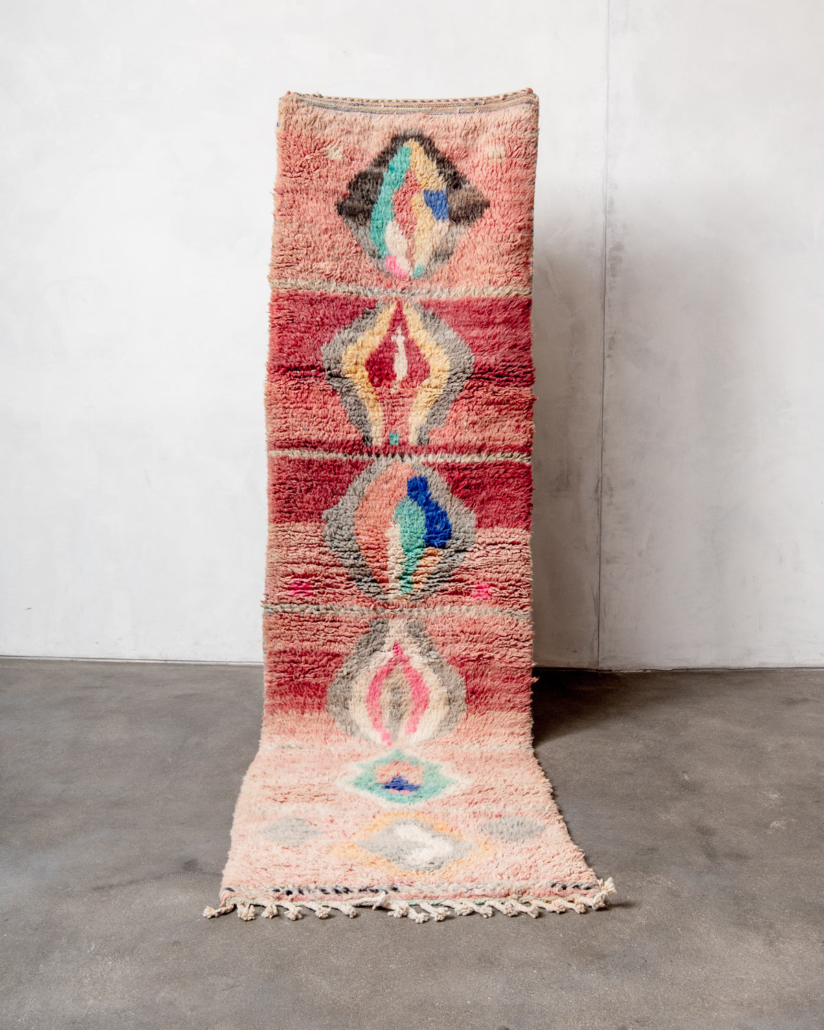 Modern, designer, handcrafted Berber runner rug from Morocco. Vintage carpet with beautiful colours and patterns and fluffy texture.