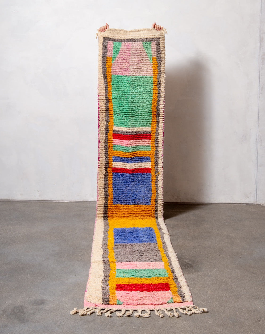 Modern, designer, handcrafted Berber runner rug from Morocco. Vintage carpet with beautiful colours and patterns and fluffy texture.