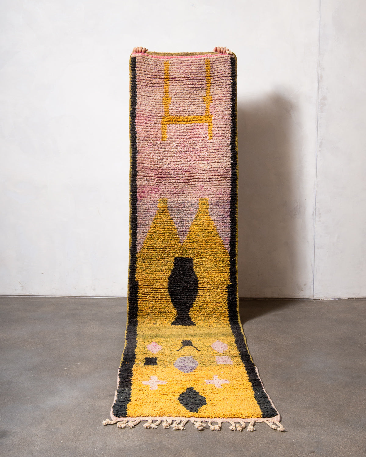 Modern, designer, handcrafted Berber runner rug from Morocco. Vintage carpet with beautiful colours and patterns and fluffy texture.