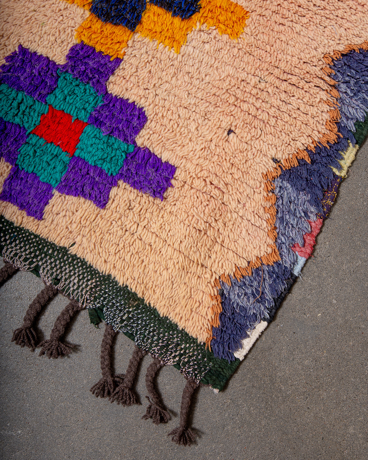 Modern, designer, handcrafted Berber runner rug from Morocco. Vintage carpet with beautiful colours and patterns and fluffy texture.