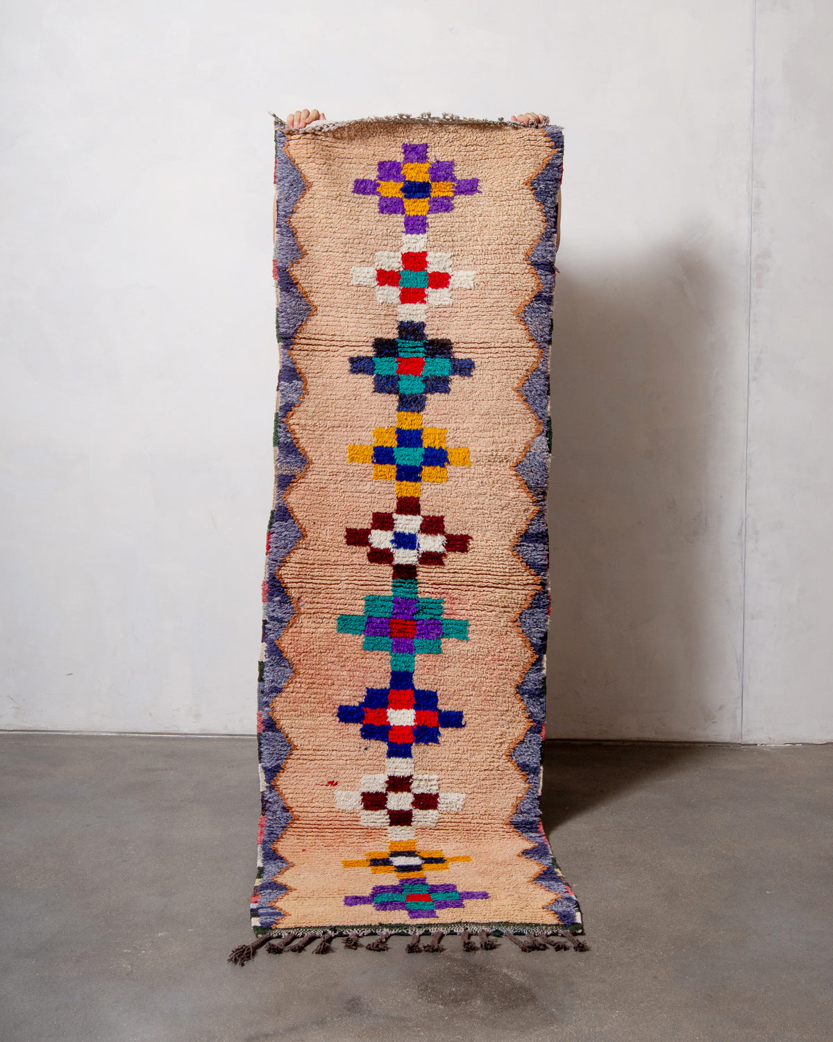Modern, designer, handcrafted Berber runner rug from Morocco. Vintage carpet with beautiful colours and patterns and fluffy texture.