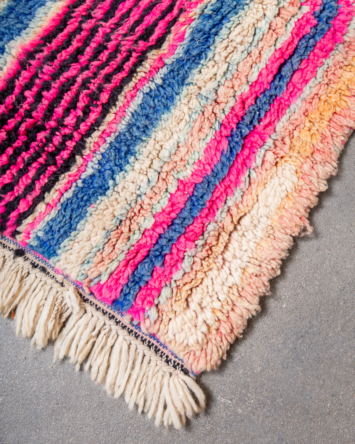 Modern, designer, handcrafted Berber runner rug from Morocco. Beniourain carpet with beautiful colours and patterns and fluffy wool texture.