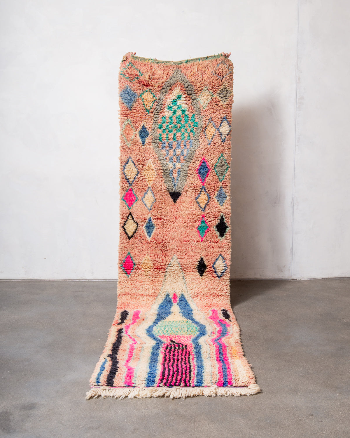 Modern, designer, handcrafted Berber runner rug from Morocco. Beniourain carpet with beautiful colours and patterns and fluffy wool texture.