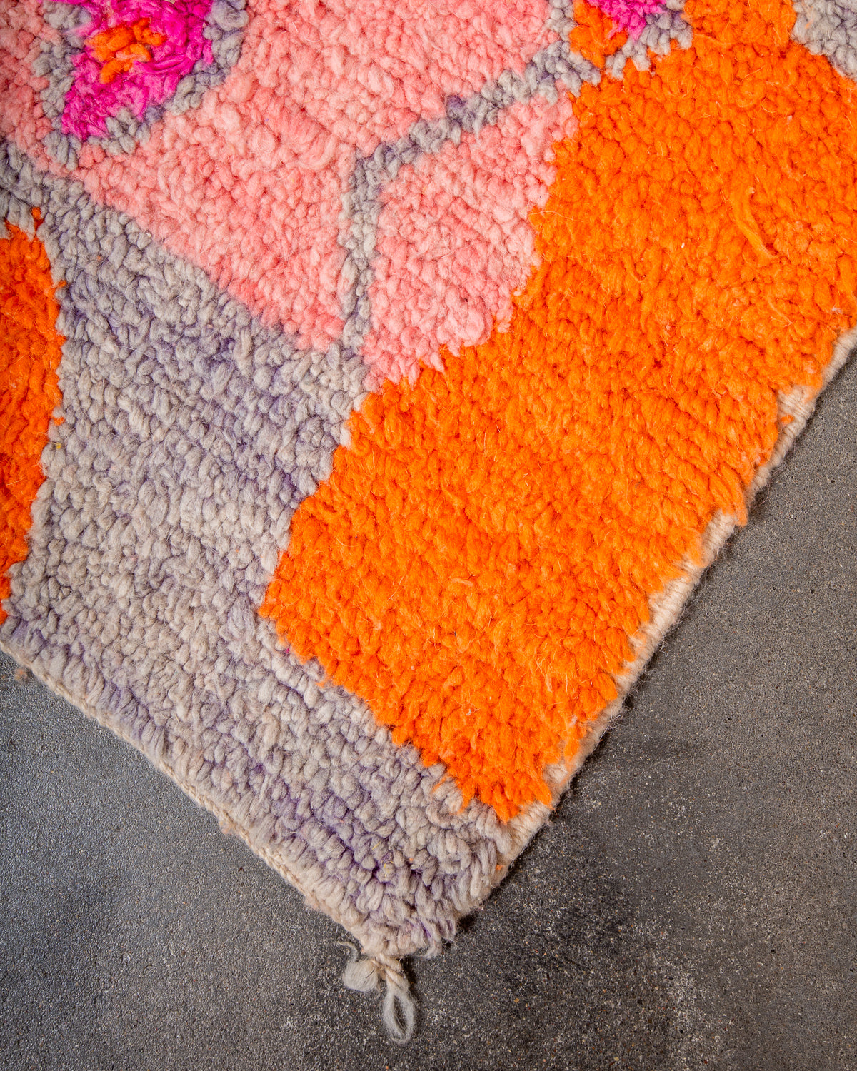 Modern, designer, handcrafted Berber rug from Morocco. Vintage carpet with beautiful colours and patterns and fluffy texture.