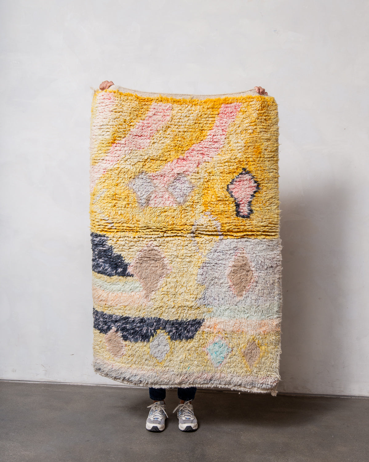 Modern, designer, handcrafted Berber rug from Morocco. Vintage carpet with beautiful colours and patterns and fluffy texture.