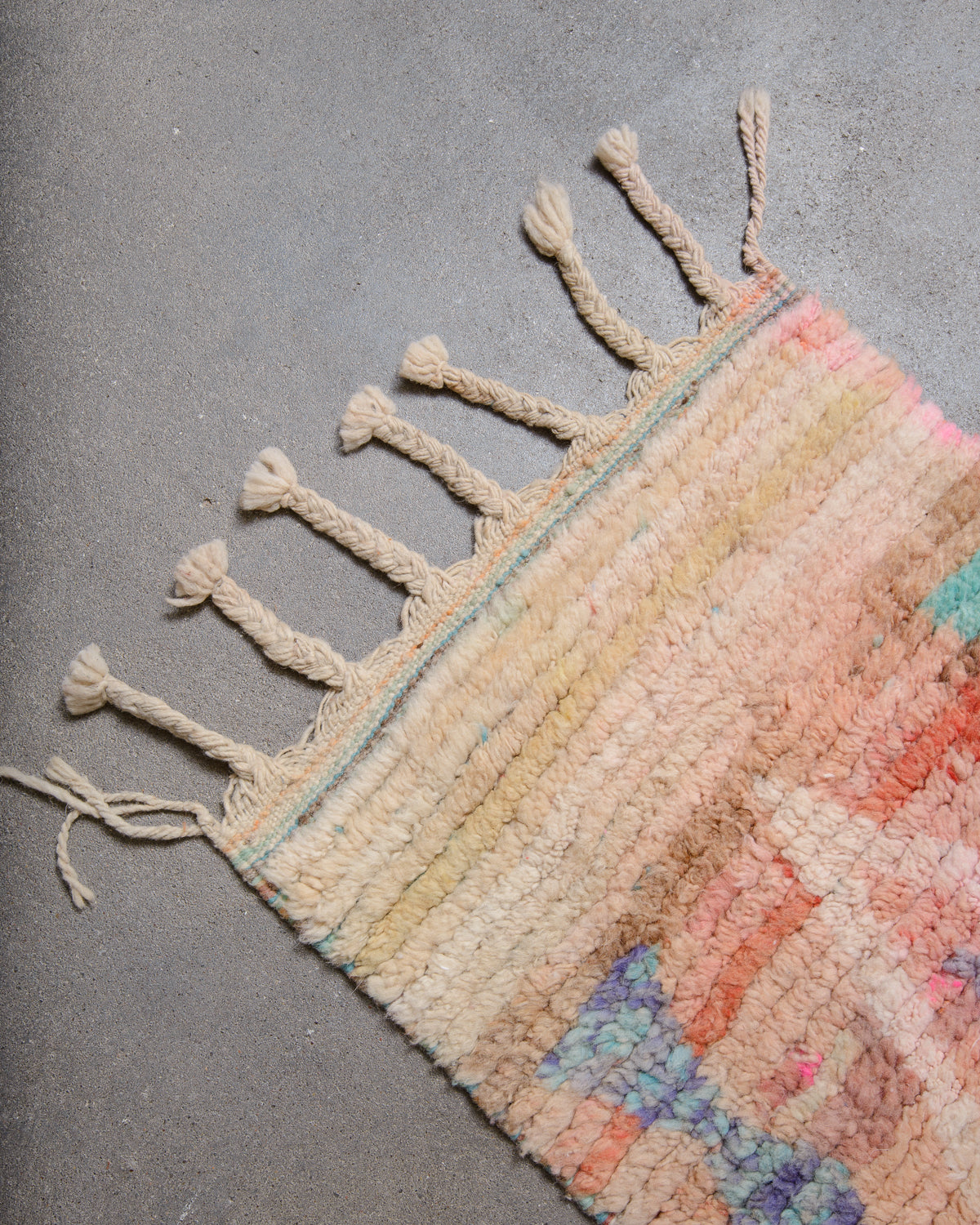 Modern, designer, handcrafted Berber runner rug from Morocco. Vintage carpet with beautiful colours and patterns and fluffy texture.