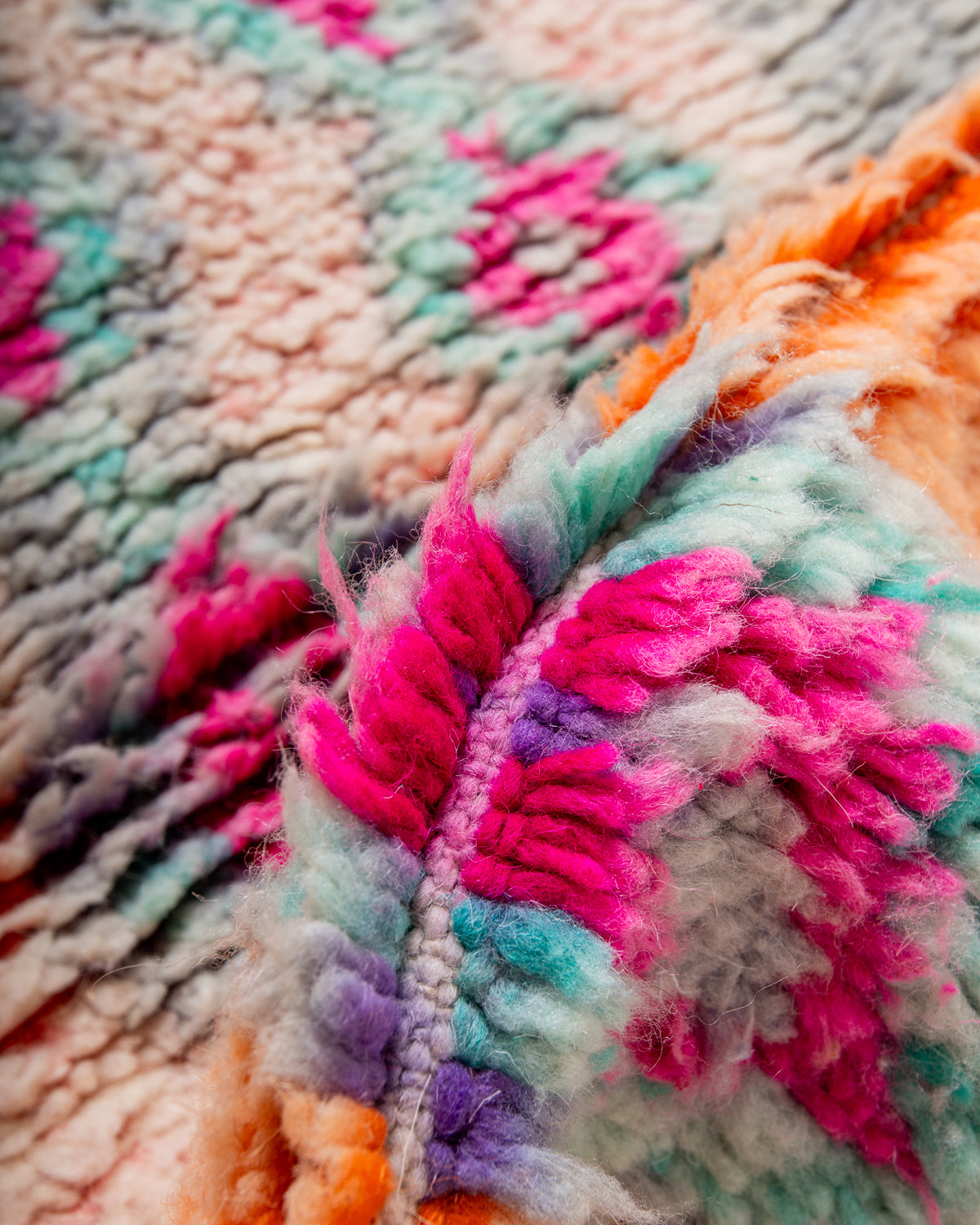 Modern, designer, handcrafted Berber rug from Morocco. Vintage carpet with beautiful colours and patterns and fluffy texture.