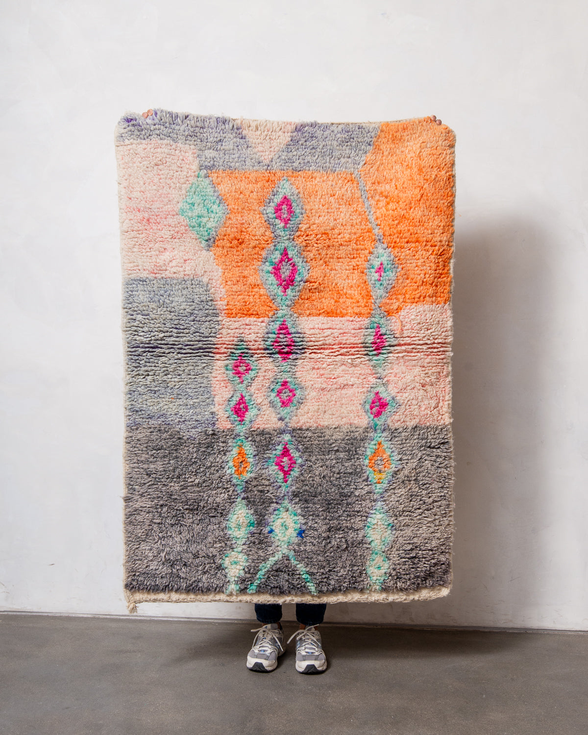 Modern, designer, handcrafted Berber rug from Morocco. Vintage carpet with beautiful colours and patterns and fluffy texture.