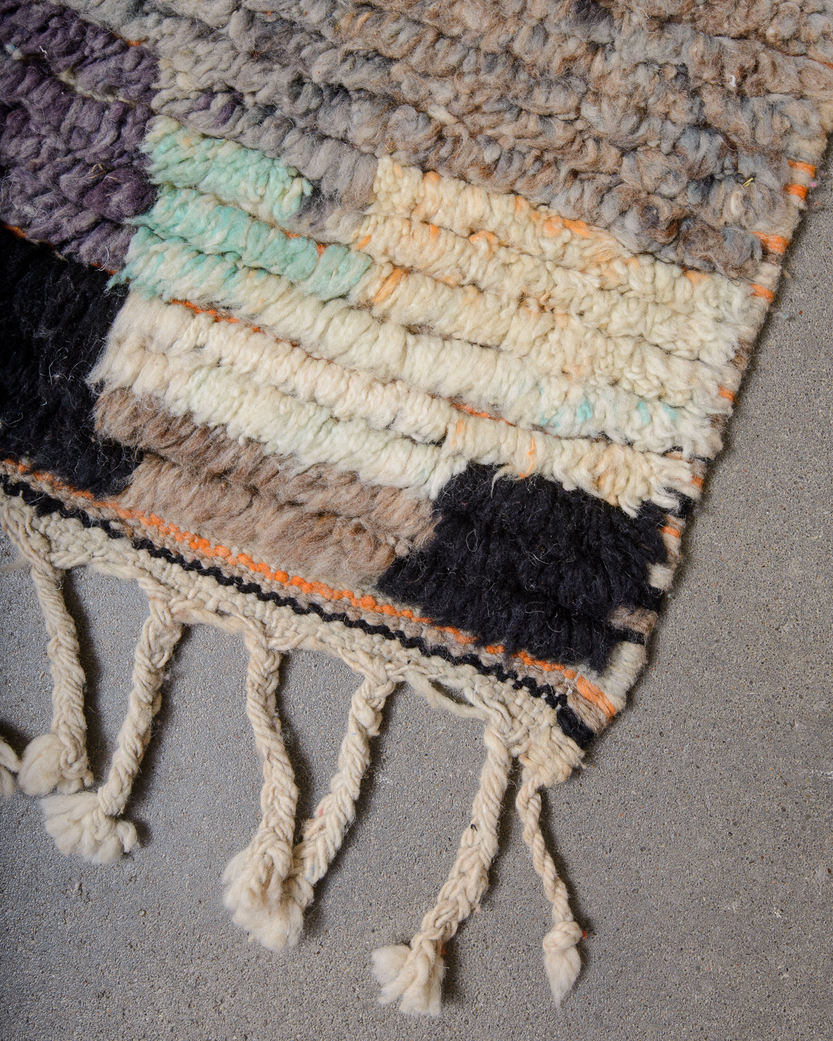 Modern, designer, handcrafted Berber runner rug from Morocco. Vintage carpet with beautiful colours and patterns and fluffy texture.