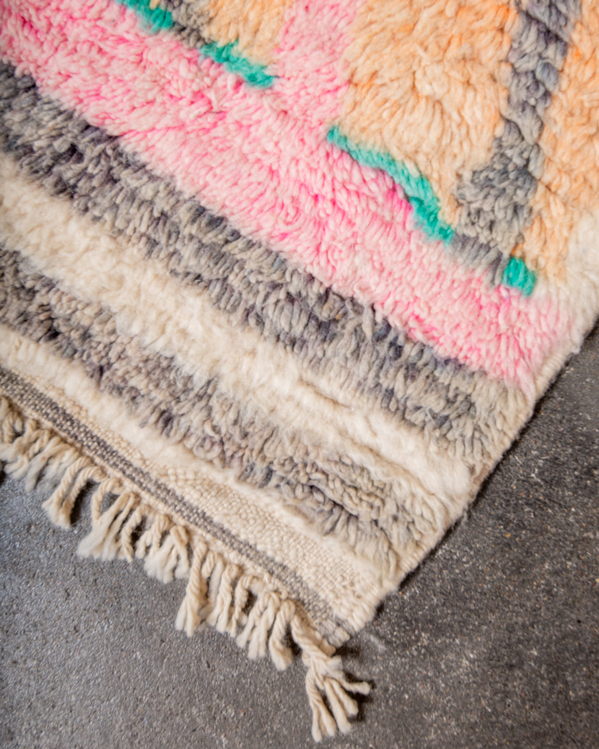 Modern, designer, handcrafted Berber rug from Morocco. Vintage carpet with beautiful colours and patterns and fluffy texture.