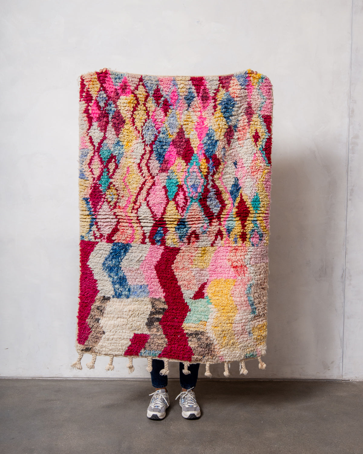 Modern, designer, handcrafted Berber rug from Morocco. Vintage carpet with beautiful colours and patterns and fluffy texture.