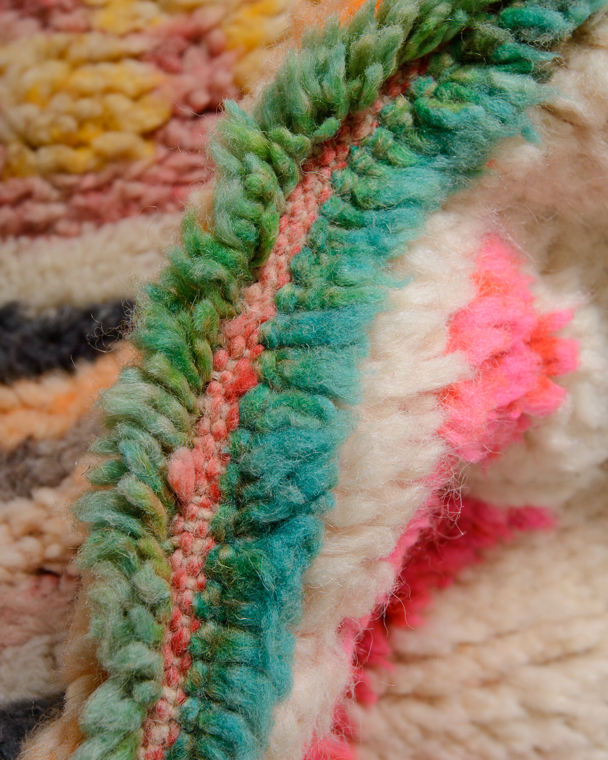 Modern, designer, handcrafted Berber runner rug from Morocco. Vintage carpet with beautiful colours and patterns and fluffy texture.