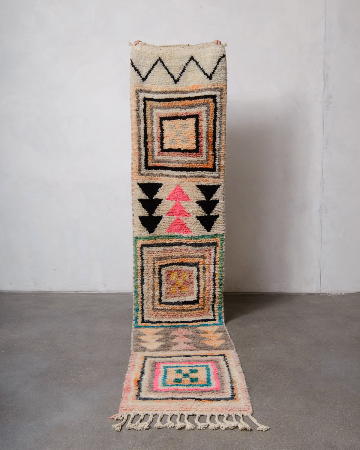 Modern, designer, handcrafted Berber runner rug from Morocco. Vintage carpet with beautiful colours and patterns and fluffy texture.
