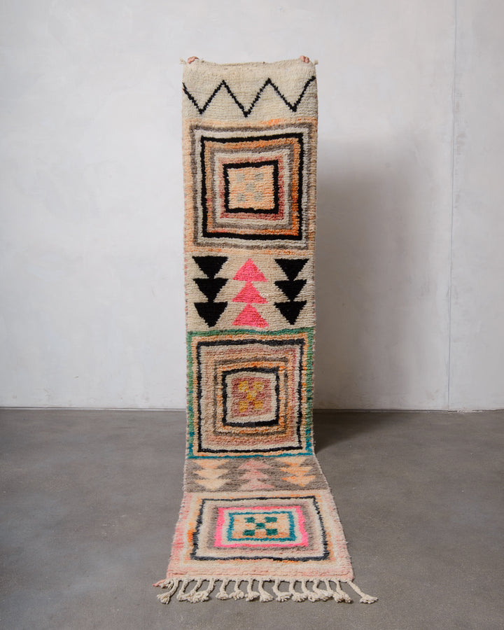 Modern, designer, handcrafted Berber runner rug from Morocco. Vintage carpet with beautiful colours and patterns and fluffy texture.